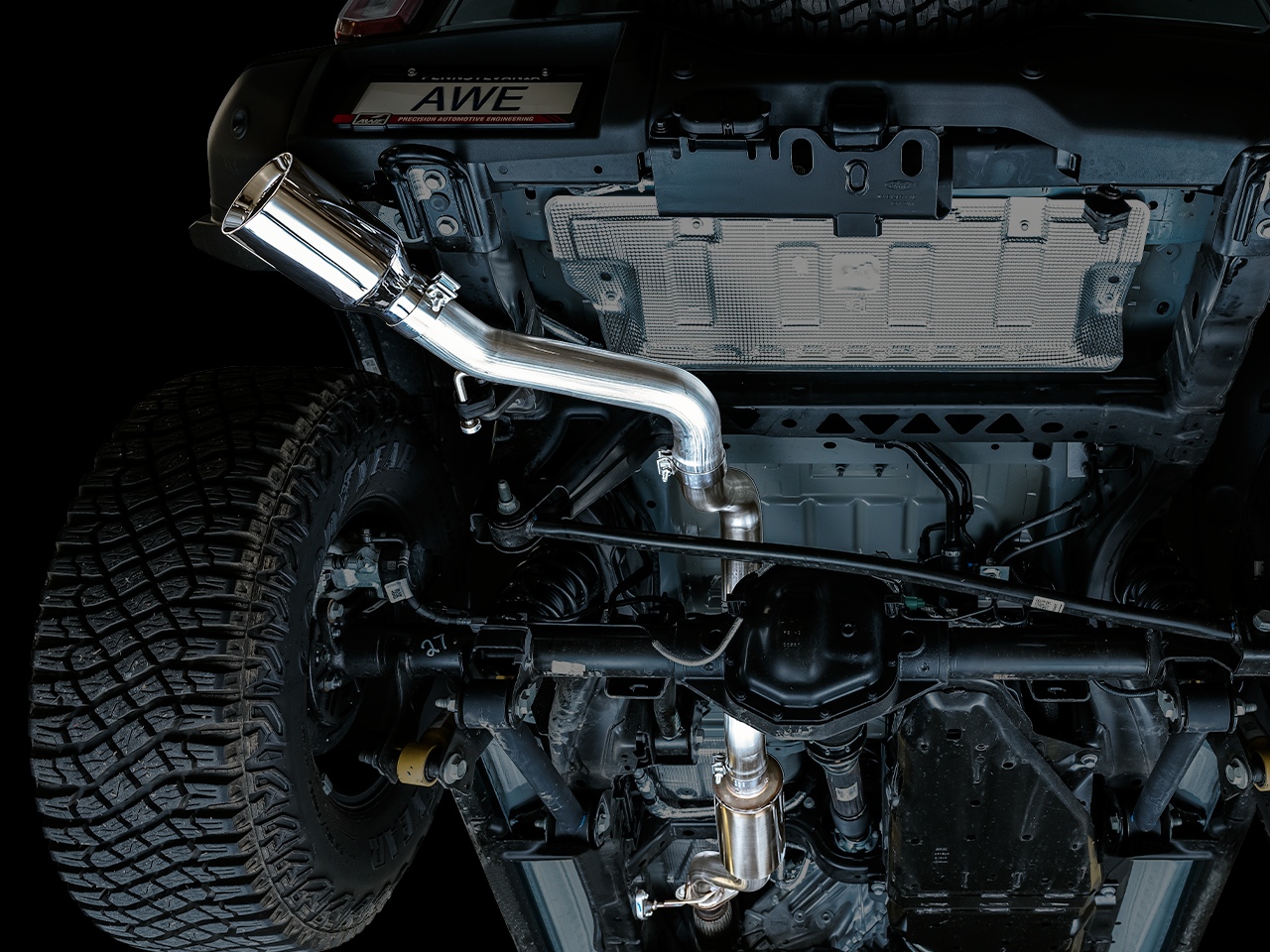 AWE 0FG Catback Exhaust for Ford Bronco with BashGuard™ - Single 5" Chrome Silver Tip (3015-22789)